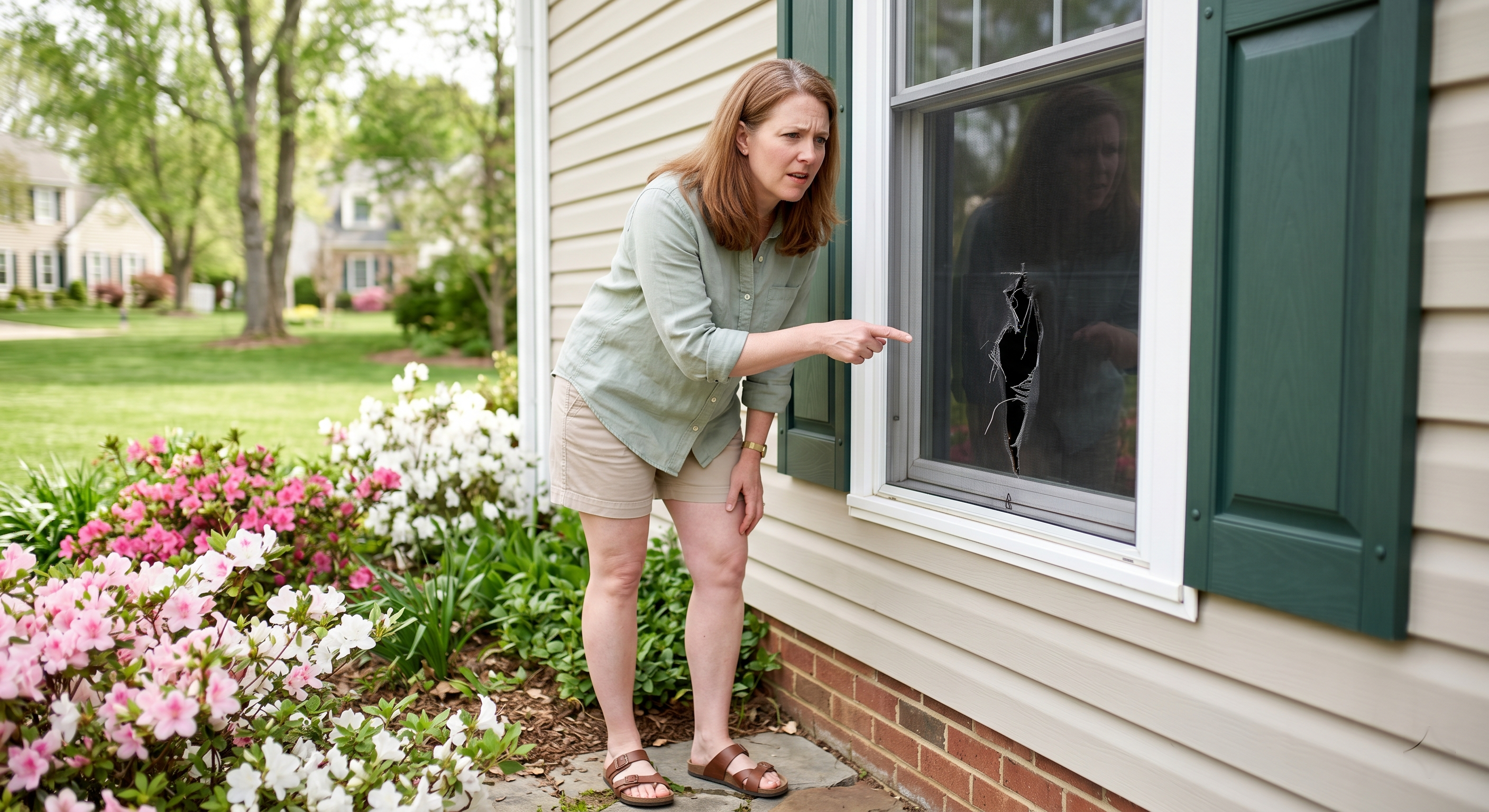 Homeowner noticing a torn window screen on the exterior of a suburban home on a spring morning