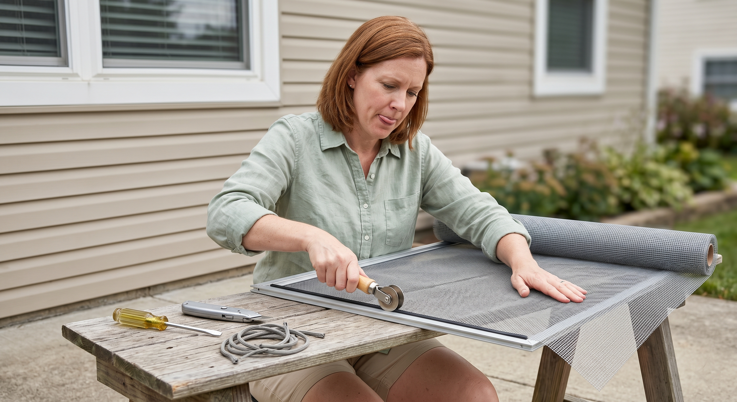 Homeowner attempting a DIY window screen spline replacement at an outdoor workbench