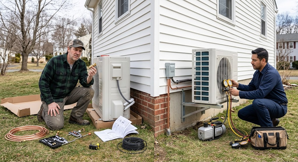 Split scene showing overwhelmed homeowner with heat pump parts versus professional HVAC contractor brazing refrigerant lines