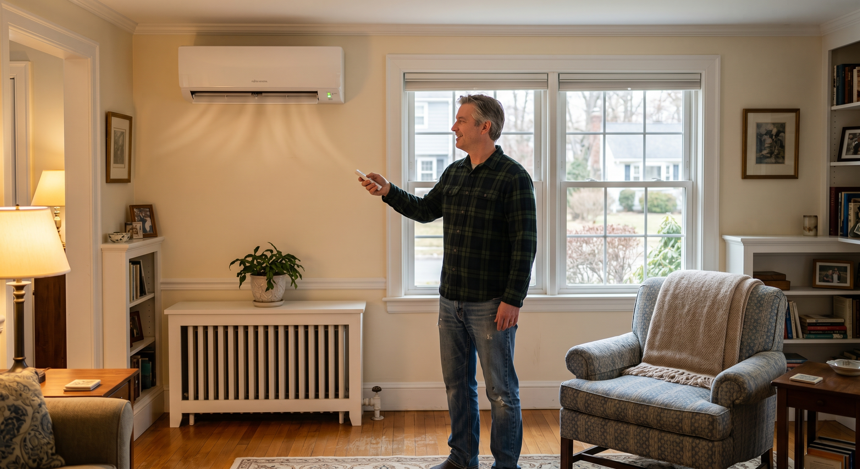 Homeowner using remote control for wall-mounted mini-split heat pump in a Northeast colonial living room