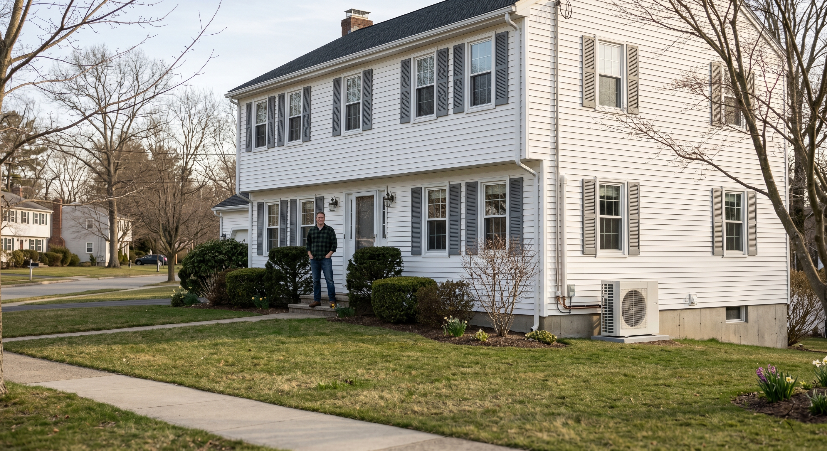 Northeast colonial home with newly installed heat pump system, homeowner standing on porch with satisfied expression