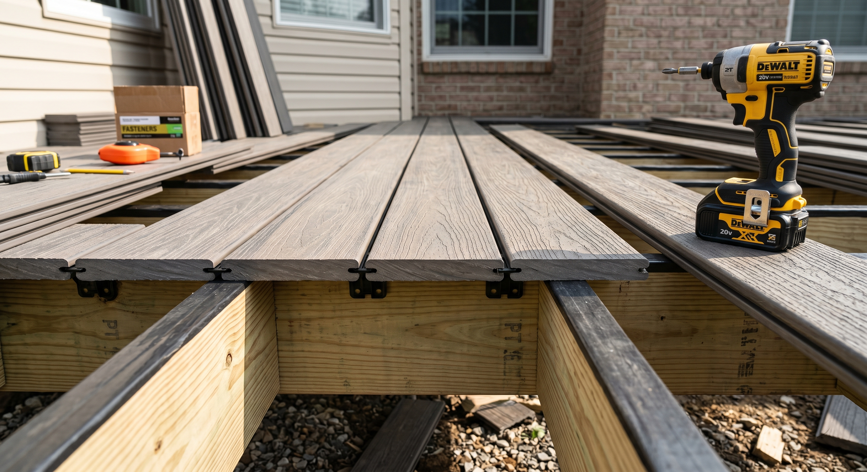 Close-up of composite decking boards being installed over pressure-treated framing with hidden fasteners visible