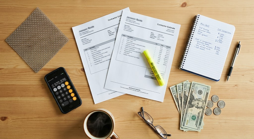 Overhead view of two contractor estimates, calculator, cash, and ember mesh sample on a kitchen table for wildfire hardening cost comparison