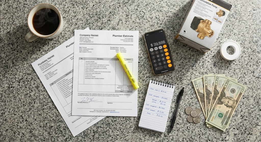 Overhead view of two plumber estimates, calculator, cash, and a boxed recirculation pump on a kitchen counter