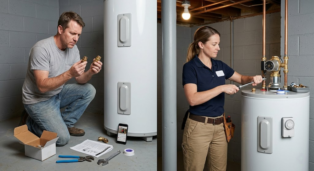 Split scene showing homeowner puzzling over pump fittings versus professional plumber completing a clean installation