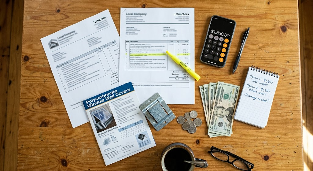 Overhead view of two contractor estimates, calculator, cash, and window well hardware on a kitchen table