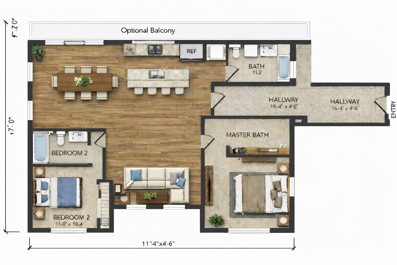 Planta tipo A · 850 ft² · 2 Hab / 2 Baños