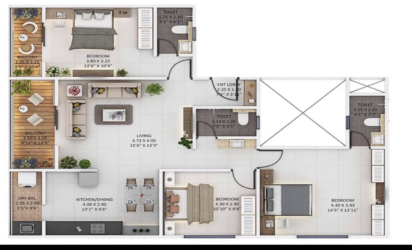 Planta tipo B · 980 ft² · 3 Hab / 2 Baños
