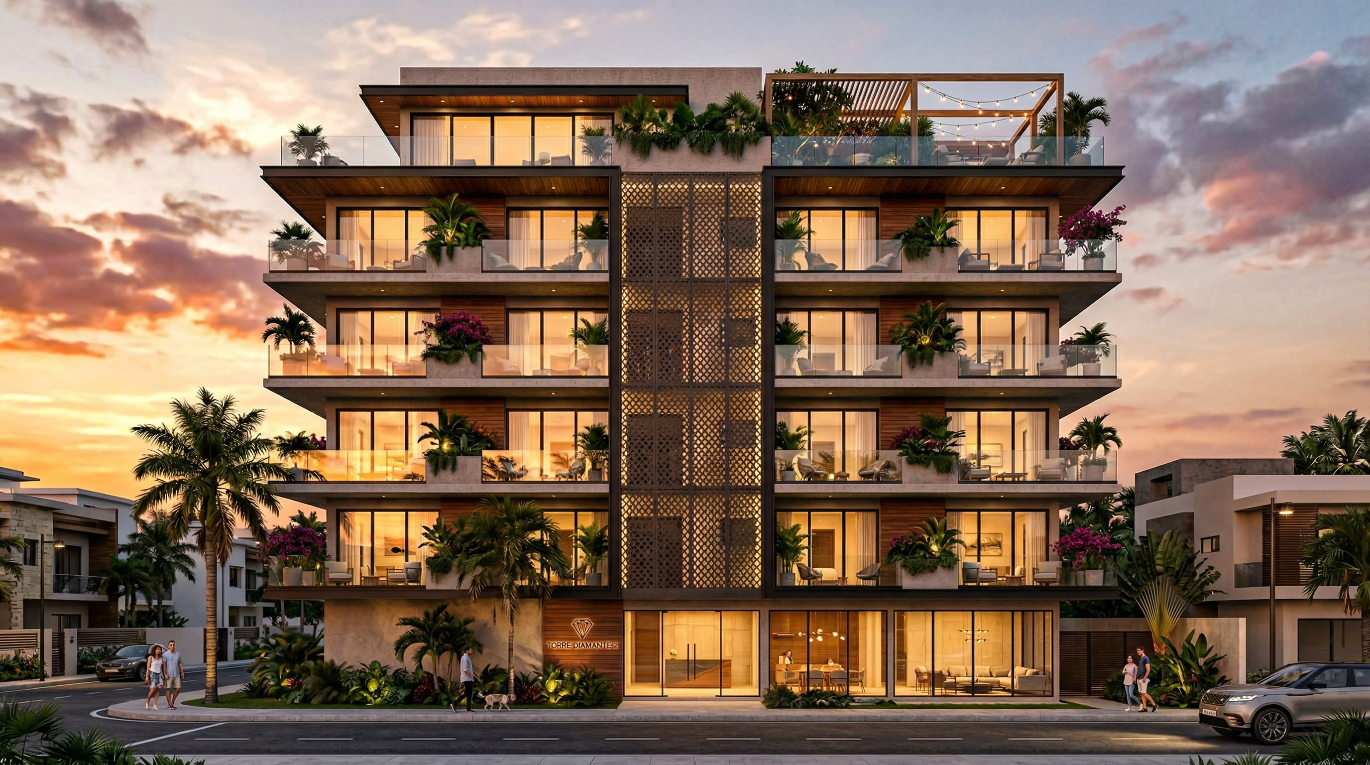 Torre Diamante — Fachada al atardecer