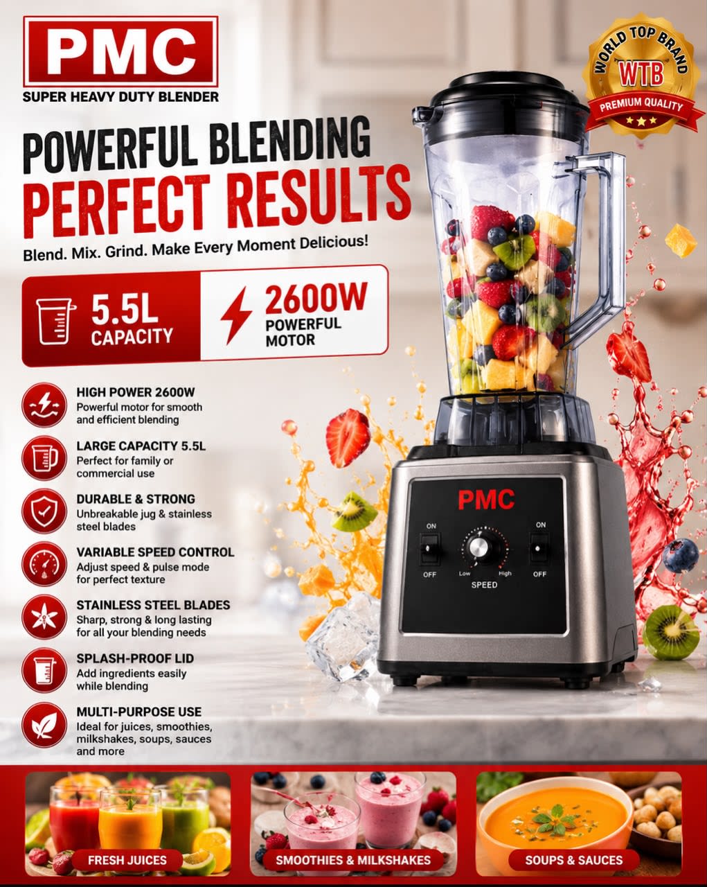 🔥 PMC Super Heavy Duty Blender – 5.5L | 2600W 💪