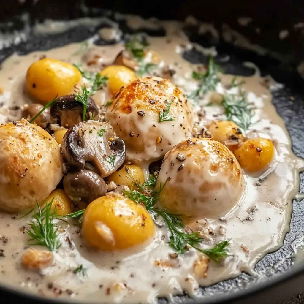 Schnelle Knödel Pfanne mit Champignonrahm