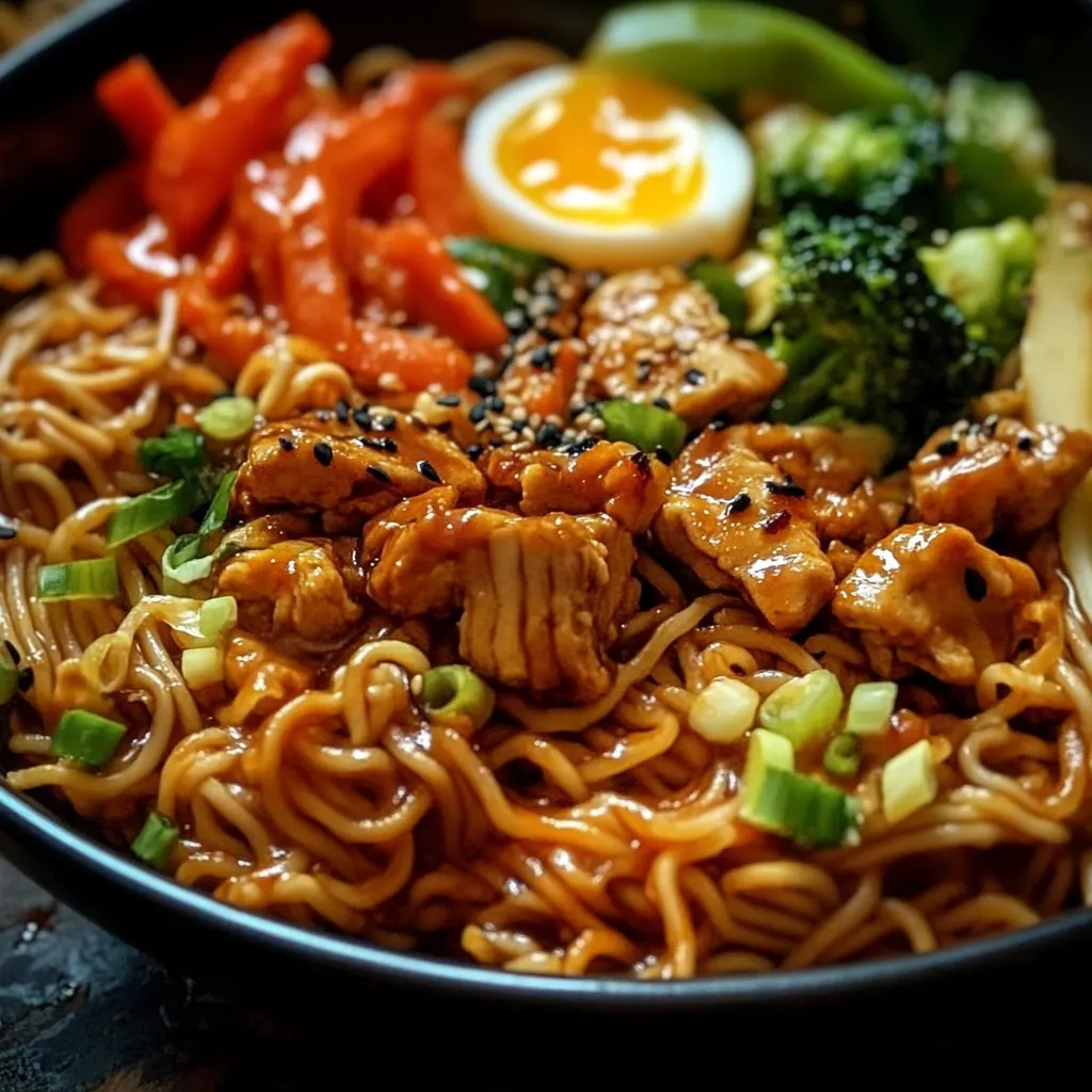 Chinesisch gebratene Nudeln mit Hühnchen, Ei und Gemüse