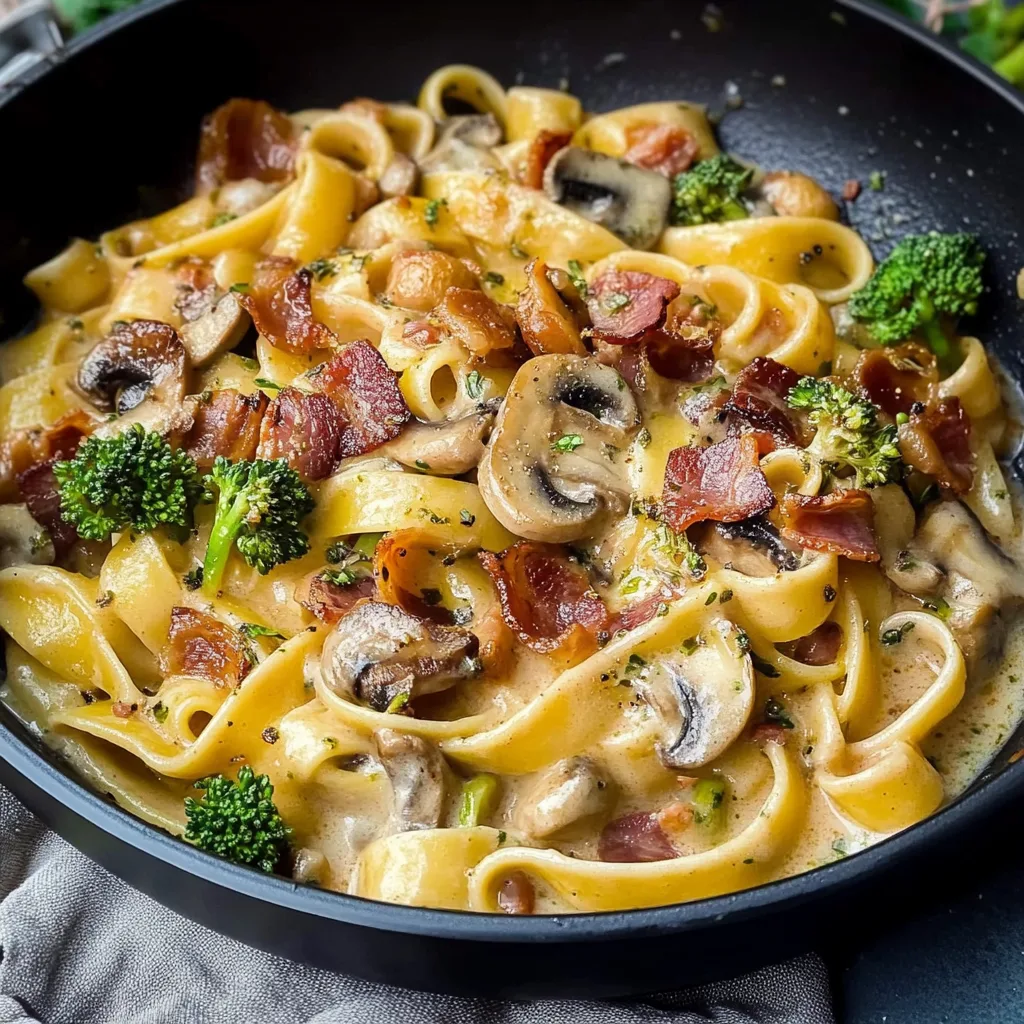 Pasta mit Brokkoli, Rinder-Bacon und Champignons