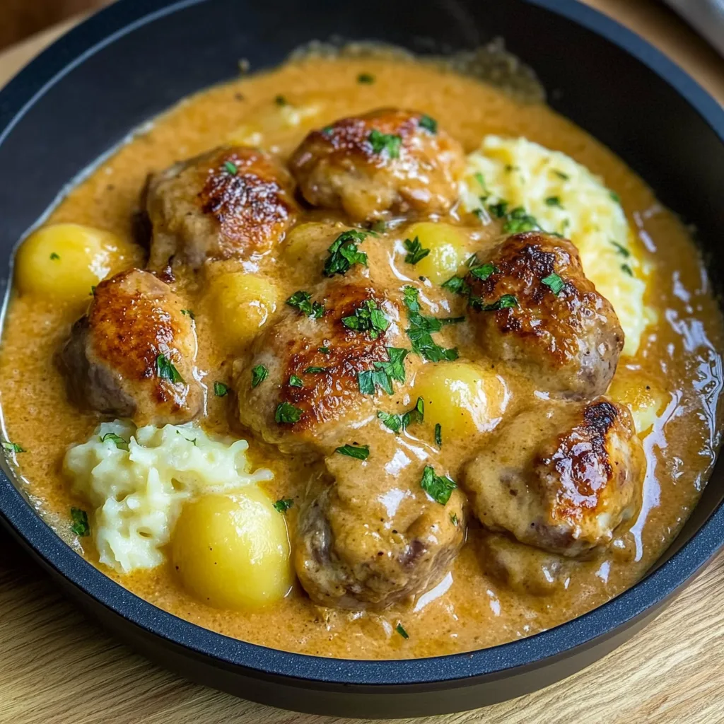 Hackbällchen in cremiger Sauce mit Kartoffelpüree
