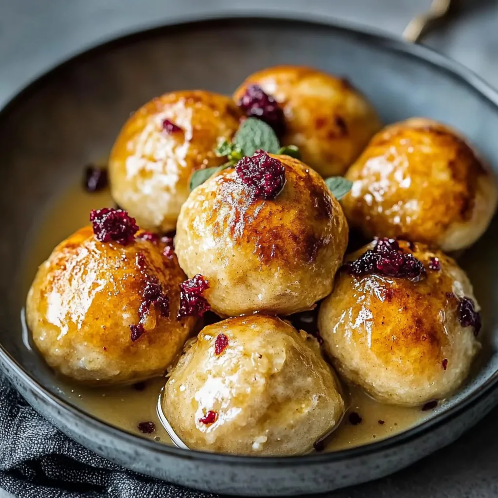 Brezelknödel mit fruchtigem Rotkohl und Rinderbauchspeck-Cremesauce