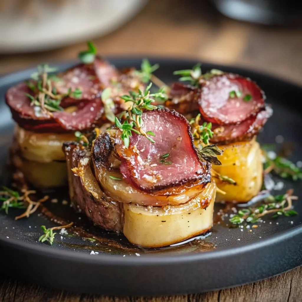 Ofenkartoffelrosen mit Rinderbauch und frischen Kräutern