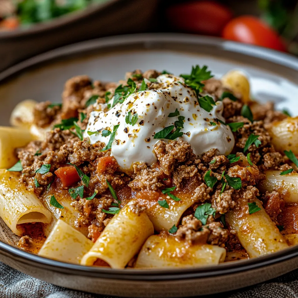 Türkische Pasta mit Hackfleisch und Joghurt