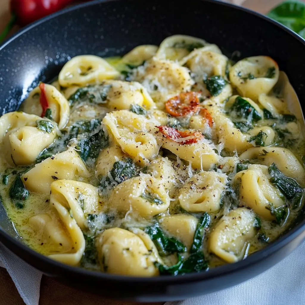 One Pot Tortellini mit Spinat Sahne Sauce
