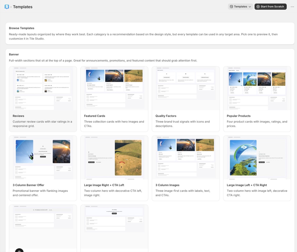StoCu Templates Gallery showing categorized, ready-to-use tile templates