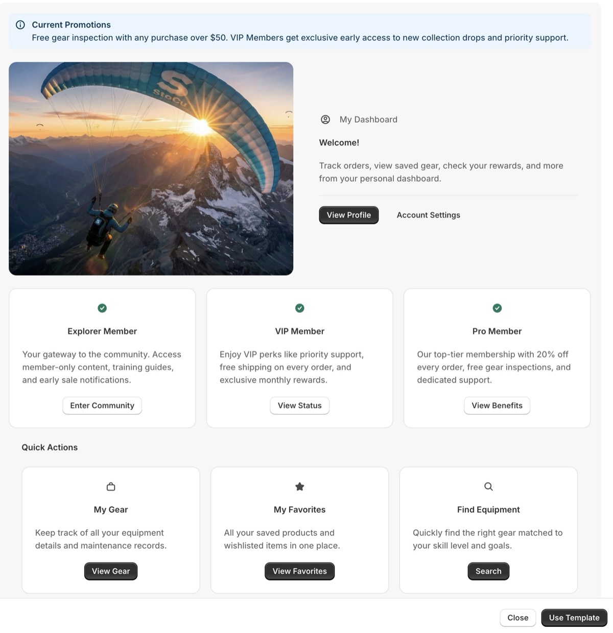 A complete custom customer-account page built in StoCu with hero, membership tiers, and quick actions