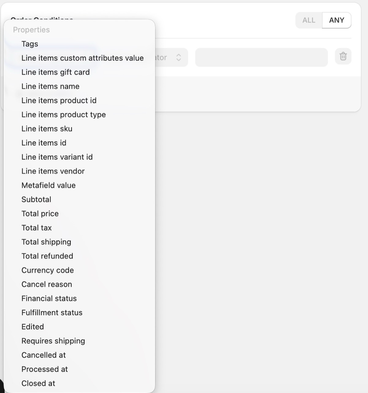 Expanded Order Conditions property list including line item SKU, product id, vendor, and custom attributes