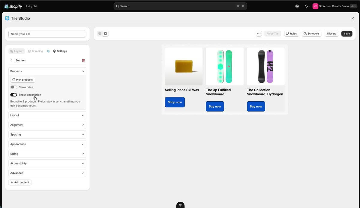 A product grid autofilled from Shopify with Buy now buttons