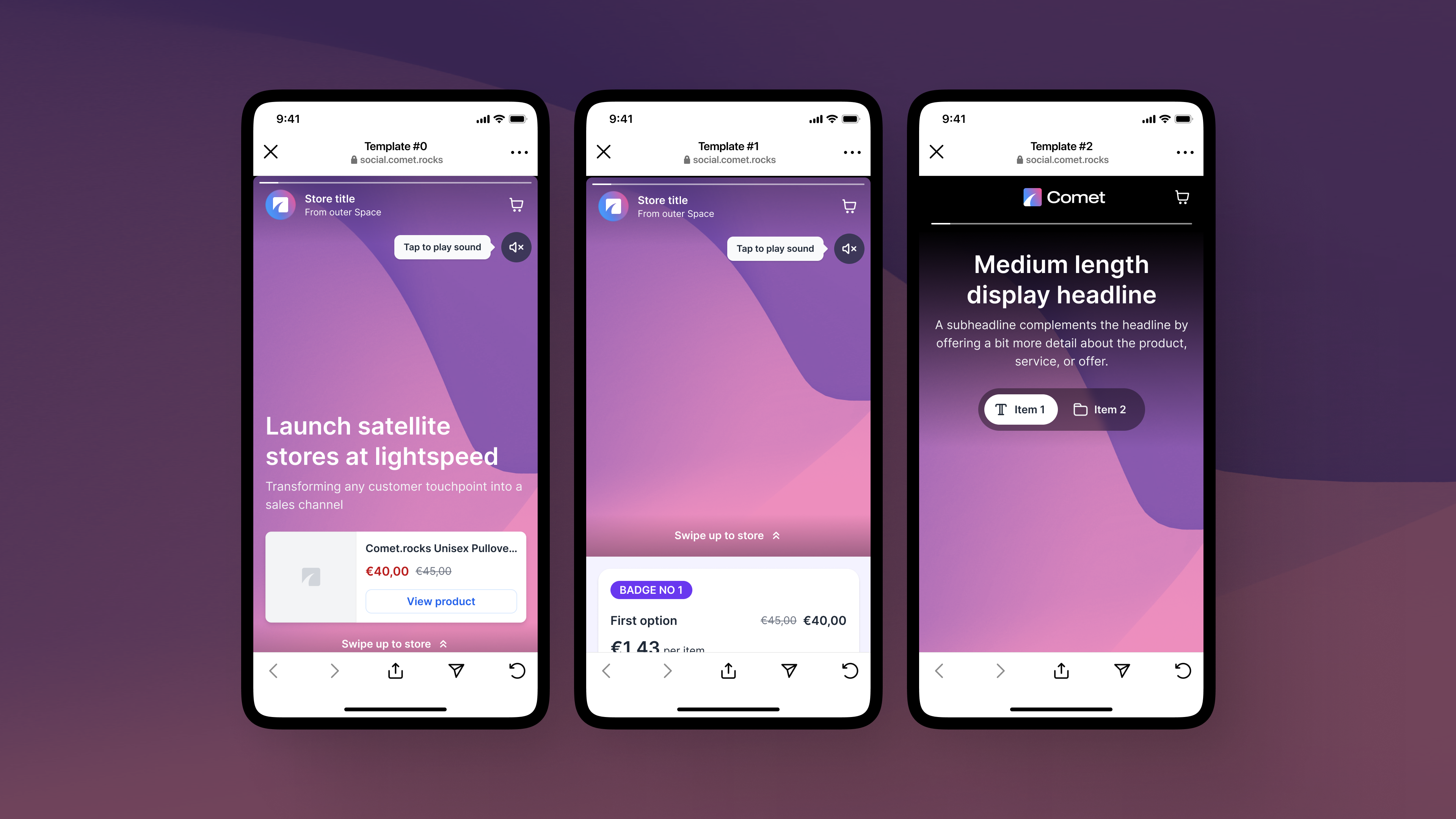 Multi-device Comet micro-storefronts — the same catalogue tuned to every audience.