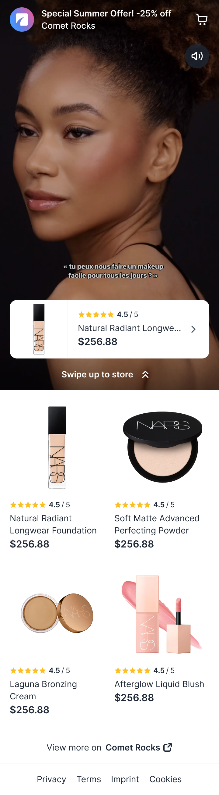Directly showcases a premium brand (NARS) using a Comet micro-storefront, perfectly aligning with the page's core claim about driving social commerce results.