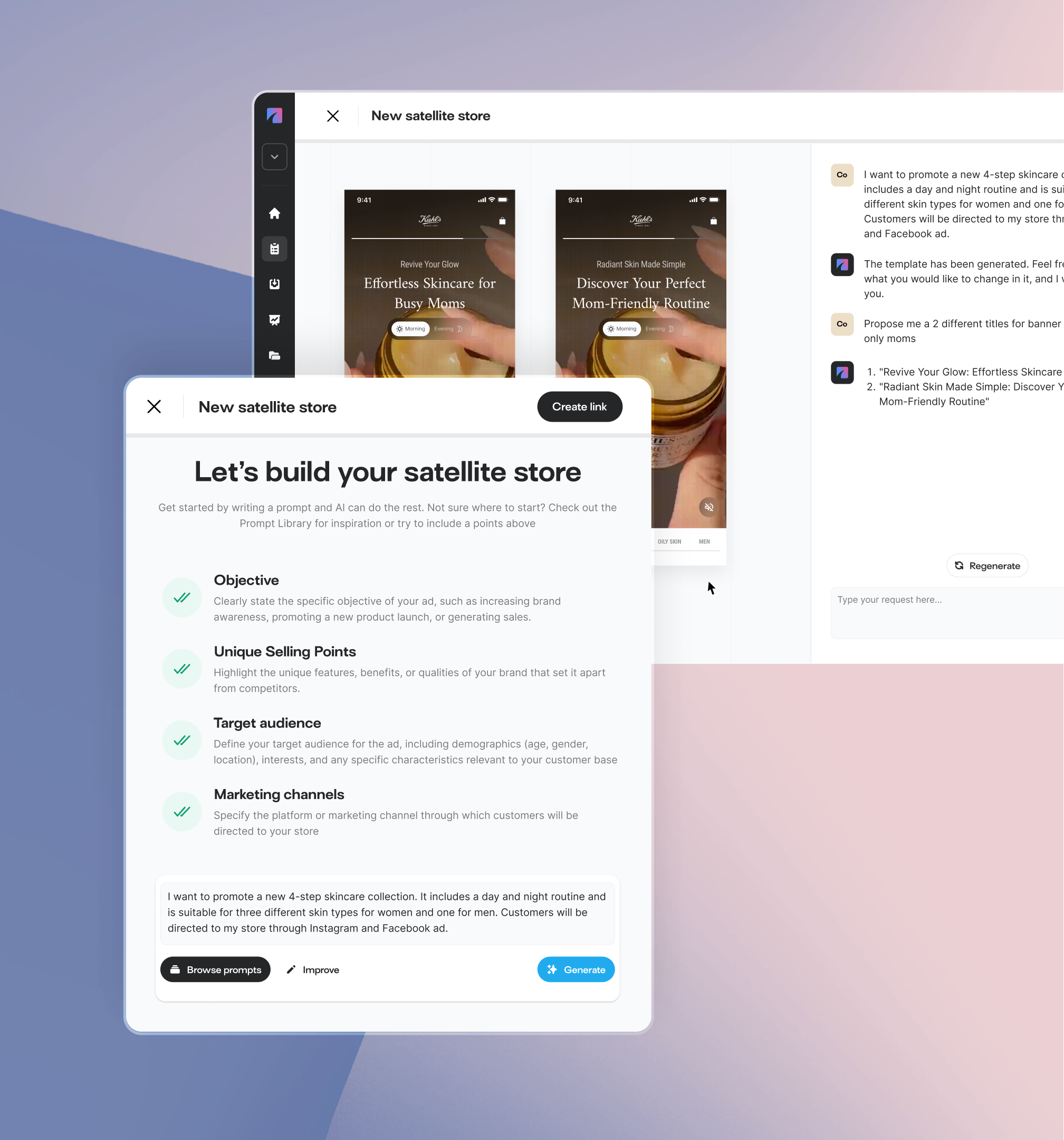 Perfectly captures the core value proposition of 'AI-powered micro-storefronts' by showing the AI prompt interface alongside the generated mobile store previews.