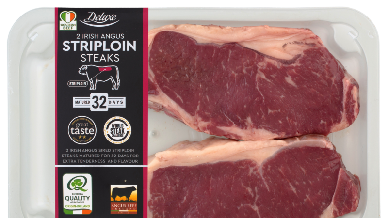 Deluxe 2 Irish Angus Striploin Steaks 454g pack, 32 days matured, with quality certifications