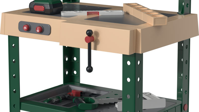 PARKSIDE kids toy workbench playset with toy drill, tools, pegboard storage and lower shelf in green and beige