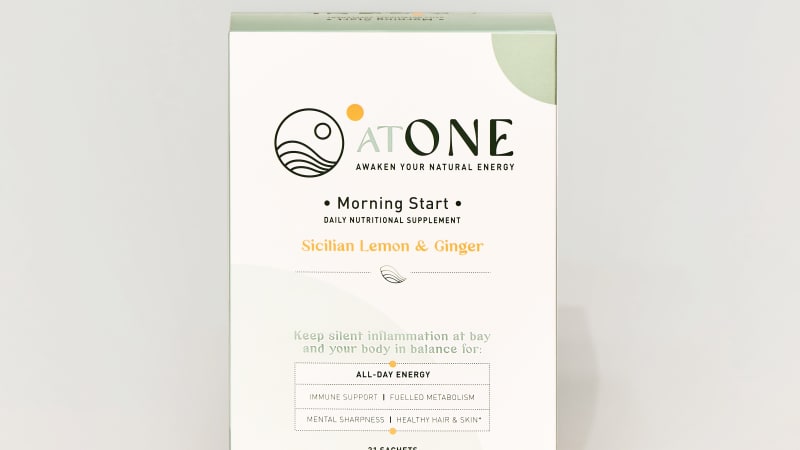AtOne Morning Start daily nutritional supplement box in Sicilian Lemon & Ginger flavor with green and white packaging