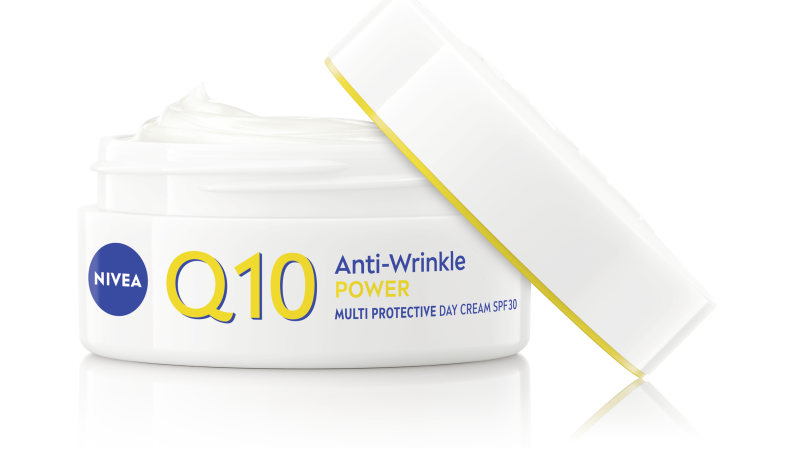 NIVEA Q10 Anti-Wrinkle Power Multi Protective Day Cream SPF 30 jar with lid off showing white cream