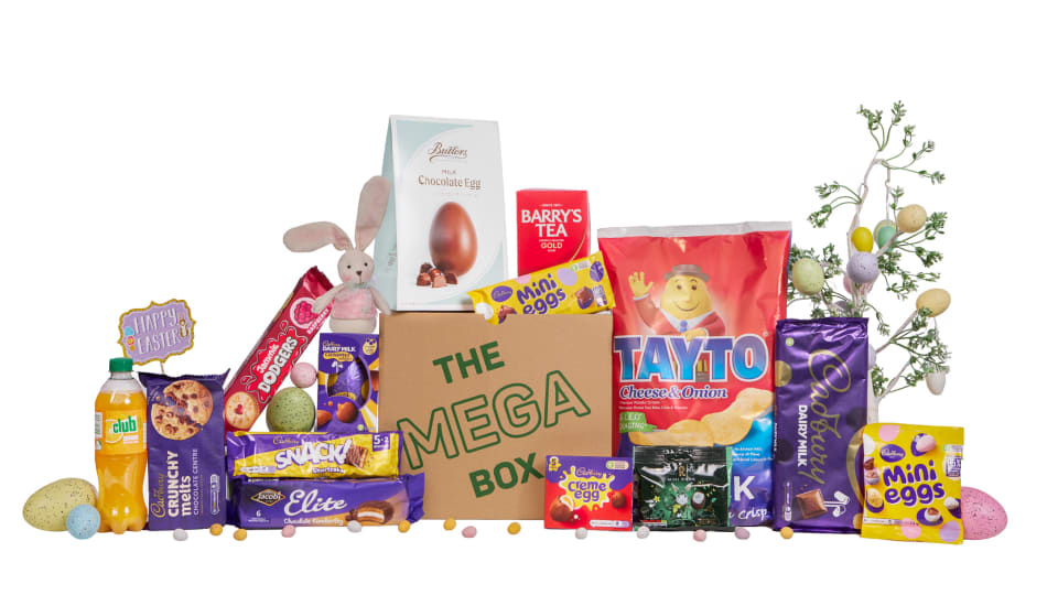 Easter Mega Box gift set with Irish treats including Butlers chocolate egg, Barry's Tea, Tayto crisps, and Cadbury products