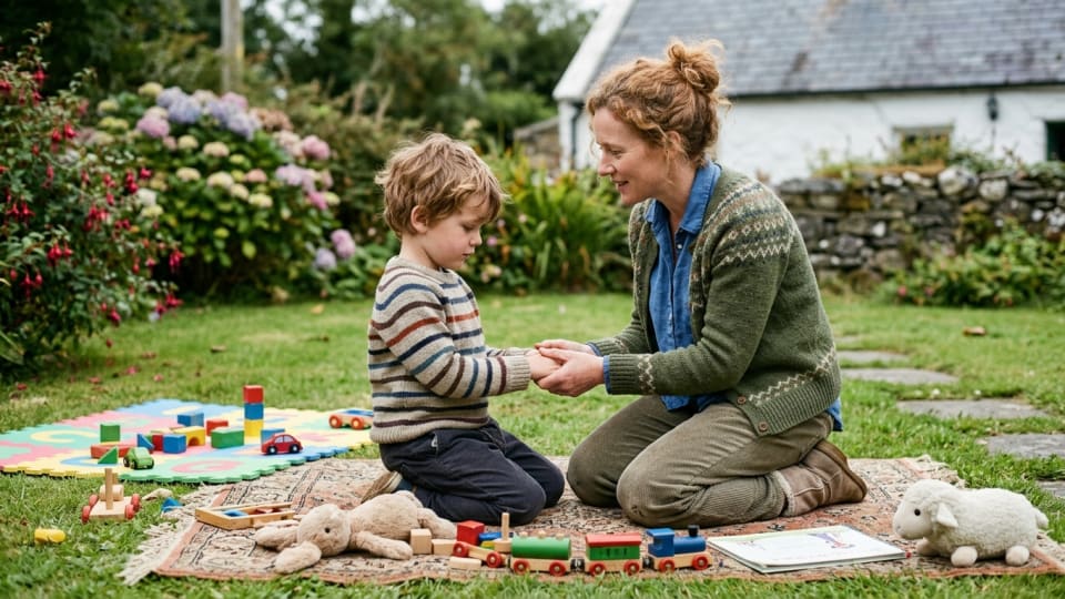 Calm Irish mum kneeling down to child's level, speaking gently while child looks thoughtful, toys scattered around them