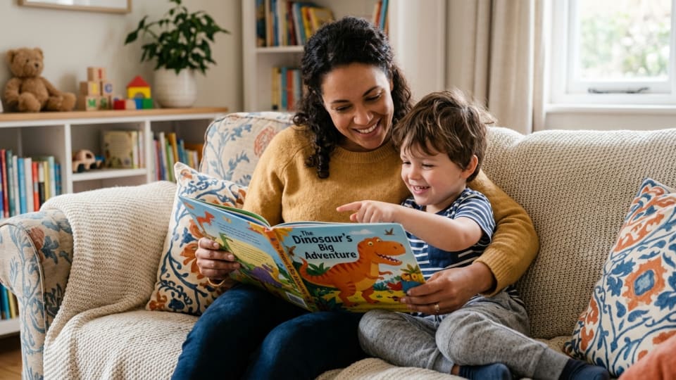 Parent and preschooler reading a picture book together on a comfortable sofa, both looking engaged in the story