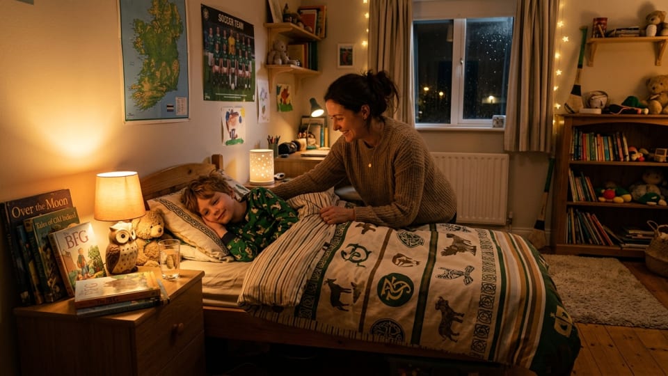 An Irish child's bedroom at night with soft lighting, books on bedside table, and a parent tucking in a school-age child looking peaceful and content