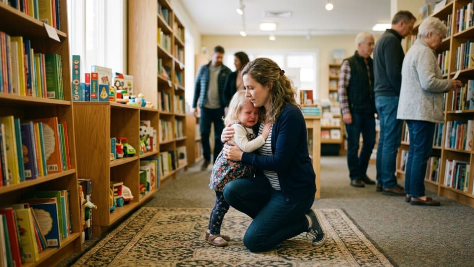 A parent calmly comforting a toddler having a tantrum in a quiet corner of a shop, with other shoppers respectfully giving them space. not sitting on floor. doen at childs level