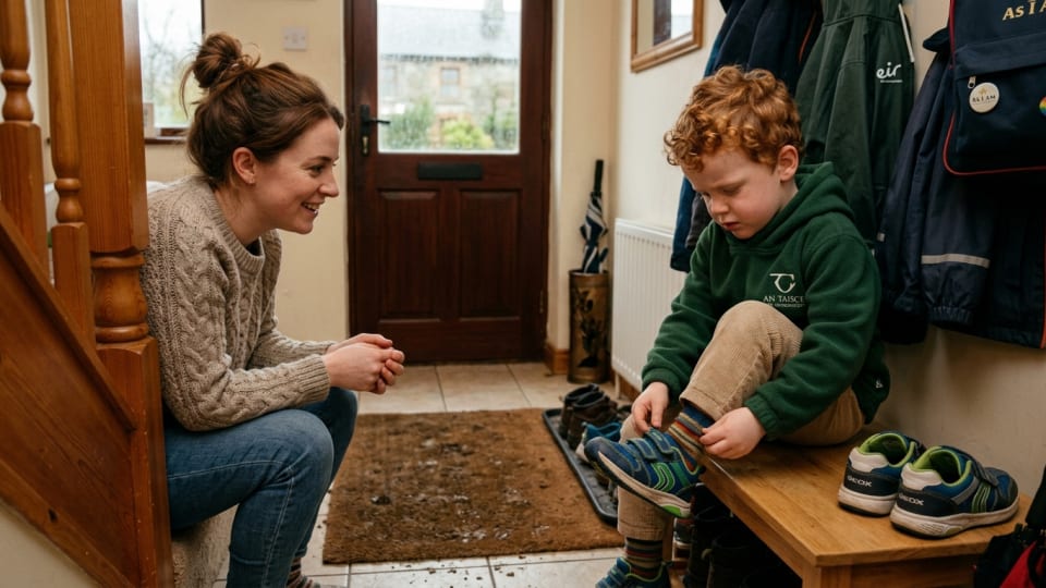 Irish preschooler independently putting on shoes while parent watches supportively nearby in home entryway