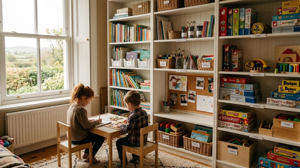Organised play area in an Irish home with books, art supplies, puzzles and games neatly arranged on shelves, natural lighting from window