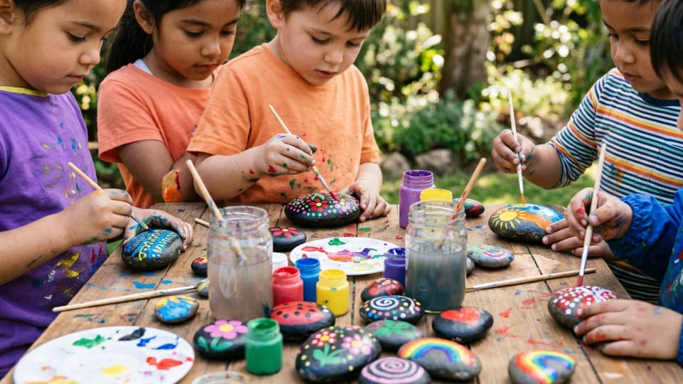 Children's hands painting colorful designs on smooth stones with small paintbrushes