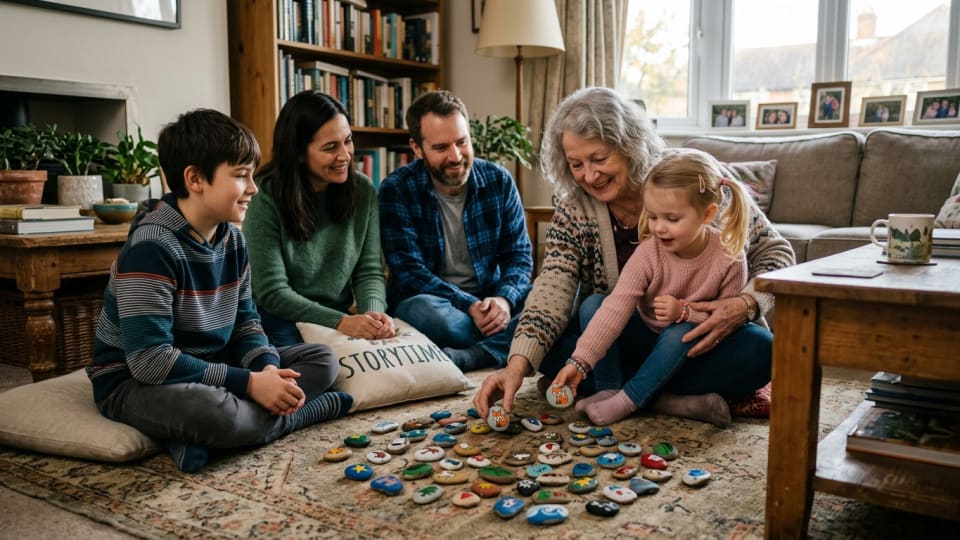 Multi-generational family (5 people) sitting in circle on living room floor with story stones spread out between them, grandmother helping small child pick a stone while parents and older children listen