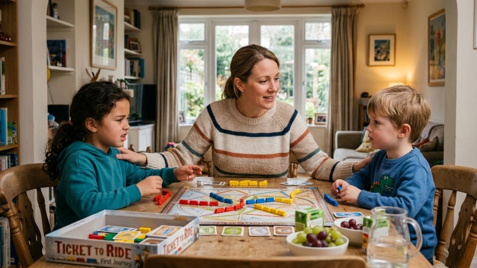 A patient mum sitting with two children helping them work through a disagreement over a board game, showing calm mediation