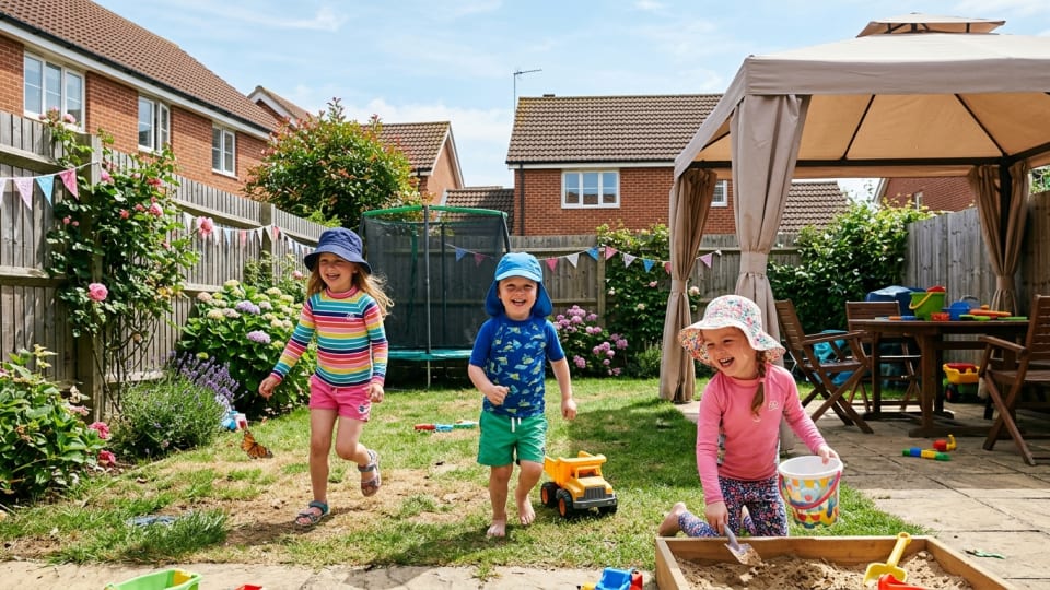 Children playing happily in a small back garden (in housing estate) wearing sun hats and UV-protective clothing, with shaded area visible nearby