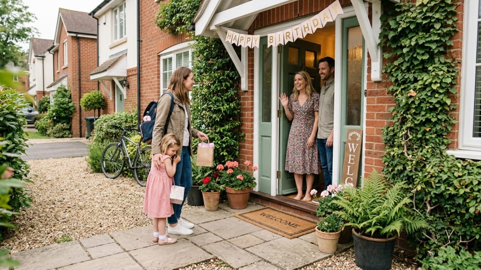 A parent and shy child arriving early to a quiet birthday party setup, with the host family greeting them warmly at the front door. you can't see inside house. not overdoing it though. no split screen