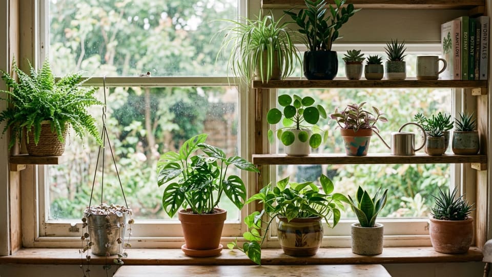 Collection of affordable houseplants in trendy pots arranged on windowsill and shelves. more natural and genuine looking