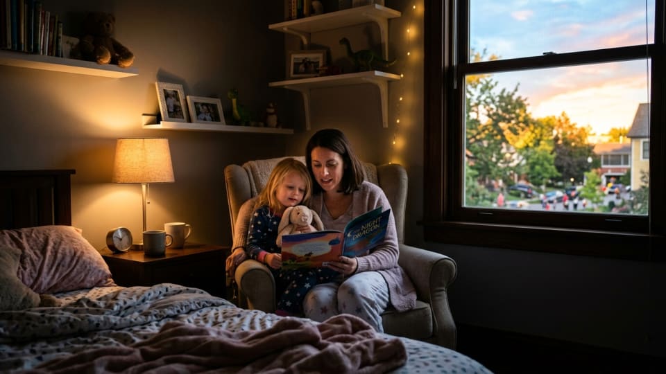 A parent reading a bedtime story to a child in a dimly lit bedroom with soft lighting while it's bright outside the window