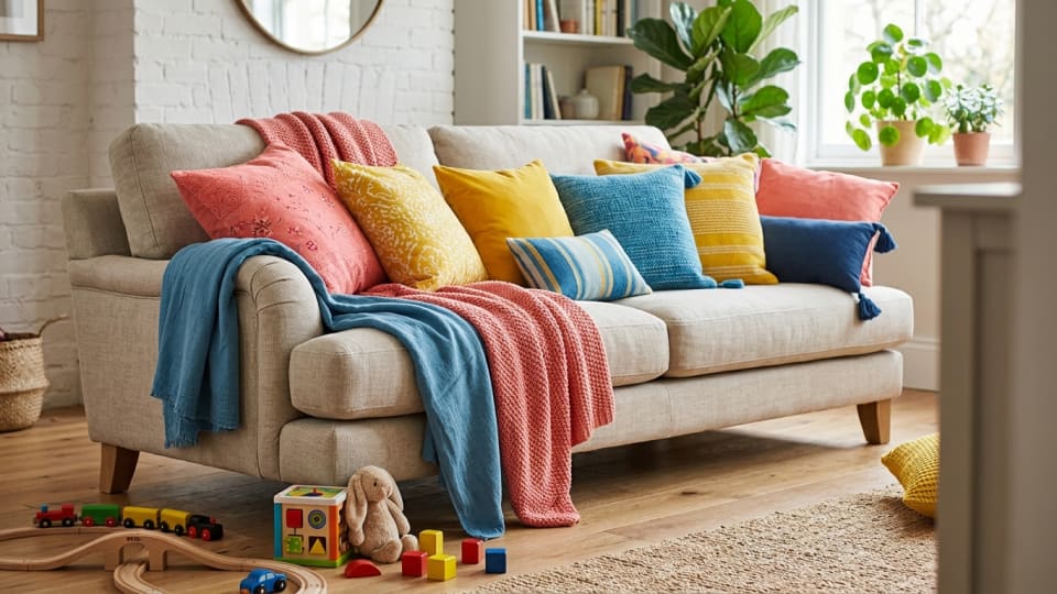Collection of bright cushions and throws in coral pink, sunny yellow, and ocean blue arranged on a neutral sofa, with children's toys nearby