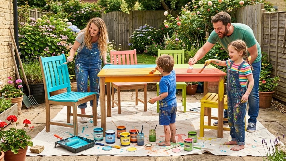 Family painting project with children helping to paint wooden furniture in bright summer colours, drop cloths protecting floors, paintbrushes and paint pots visible