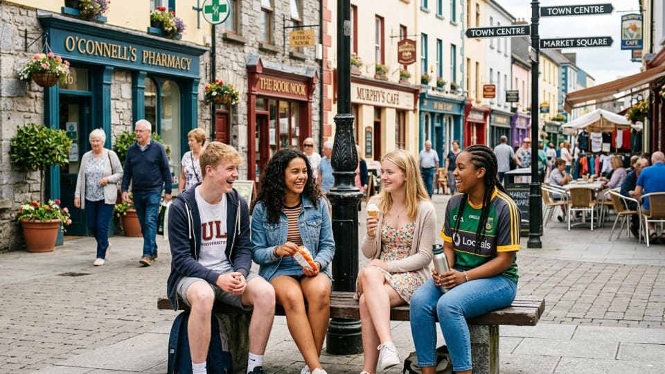 Teenage friends enjoying summer activities in an Irish town center, showing responsible social interaction during daytime